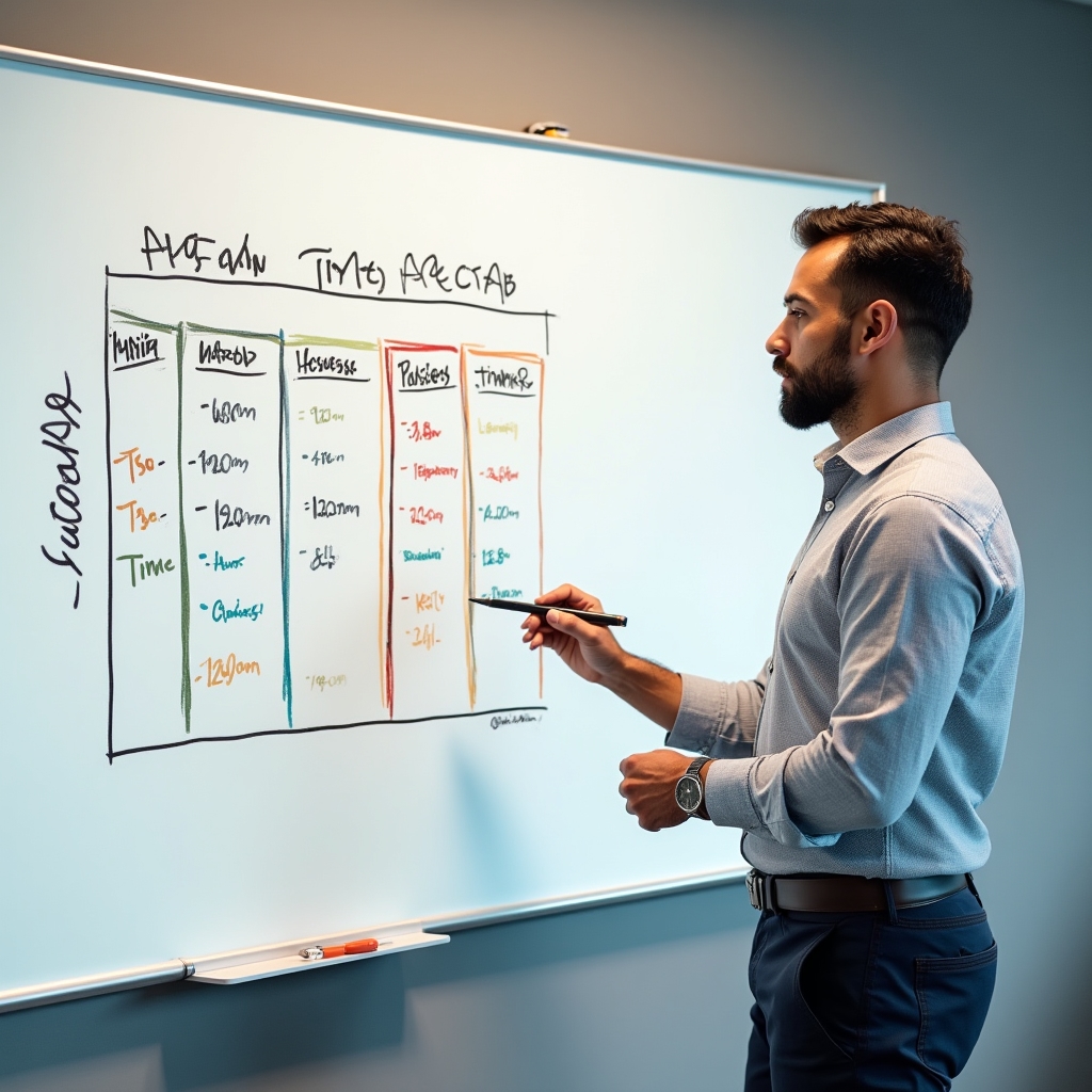 Whiteboard showing an agenda time-blocking diagram with colour-coded sections