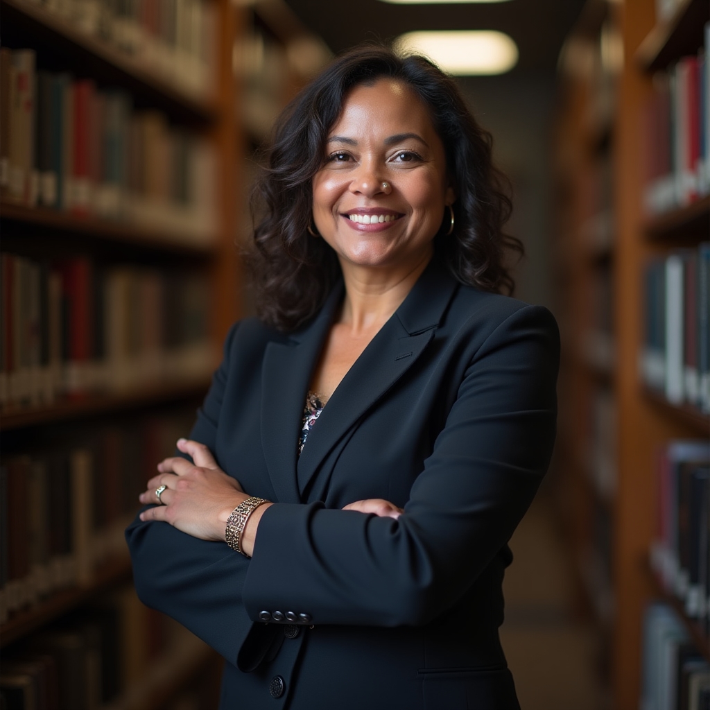 Senior facilitator standing in a library setting, arms crossed, confident expression