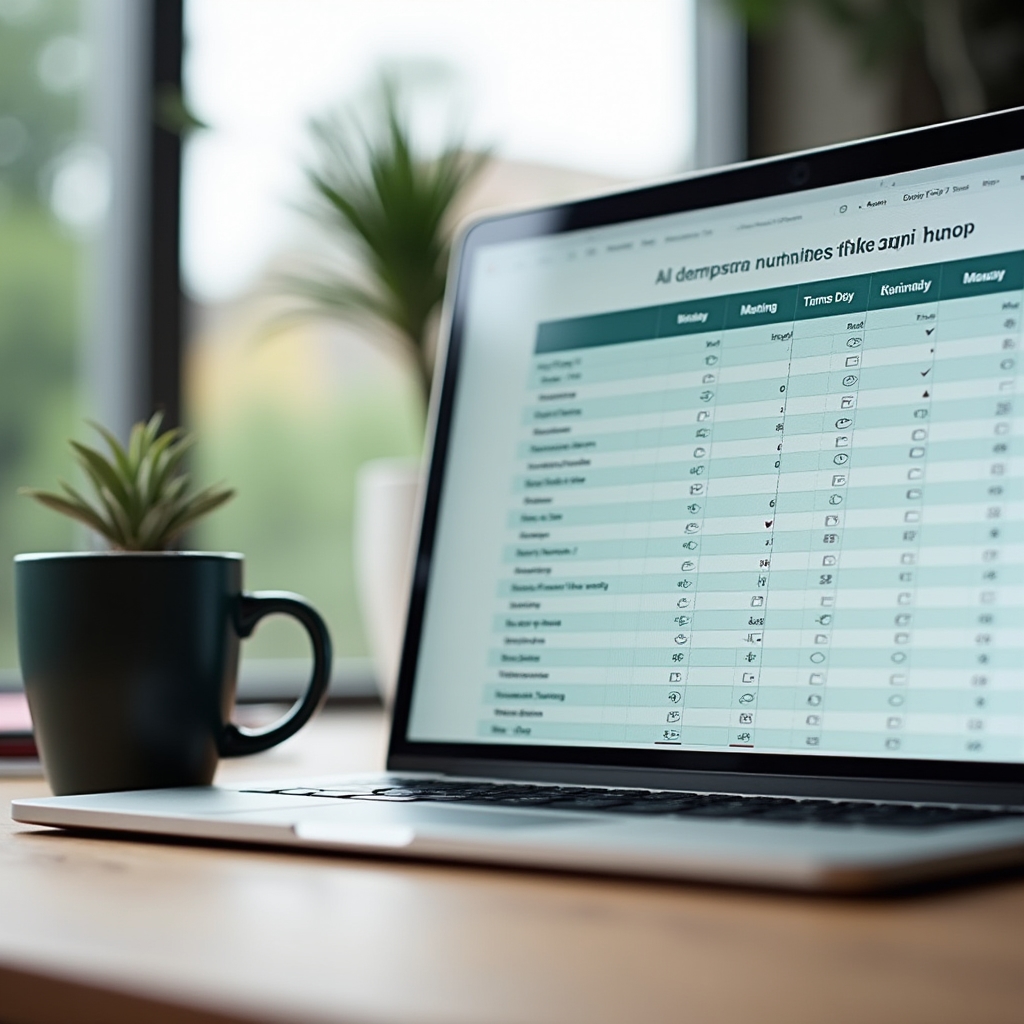 Laptop screen showing a thirty-day meeting audit tracking worksheet with weekly columns