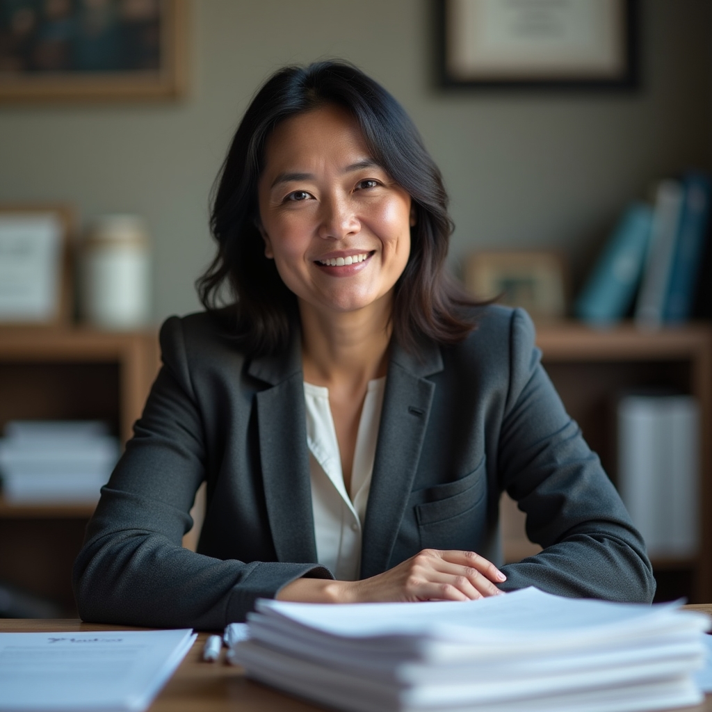 Lead facilitator seated at a desk with workshop materials, looking toward the camera