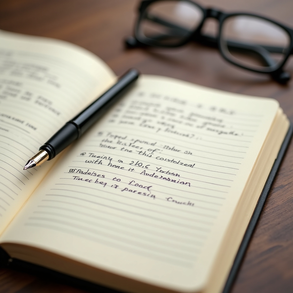 Open notebook with handwritten meeting notes and a pen resting on the page