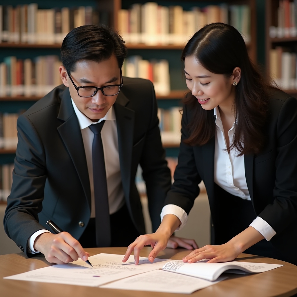 Two workshop facilitators reviewing session materials together at a table