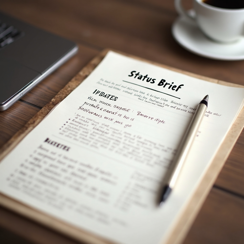 Printed written status brief document with sections for updates and blockers